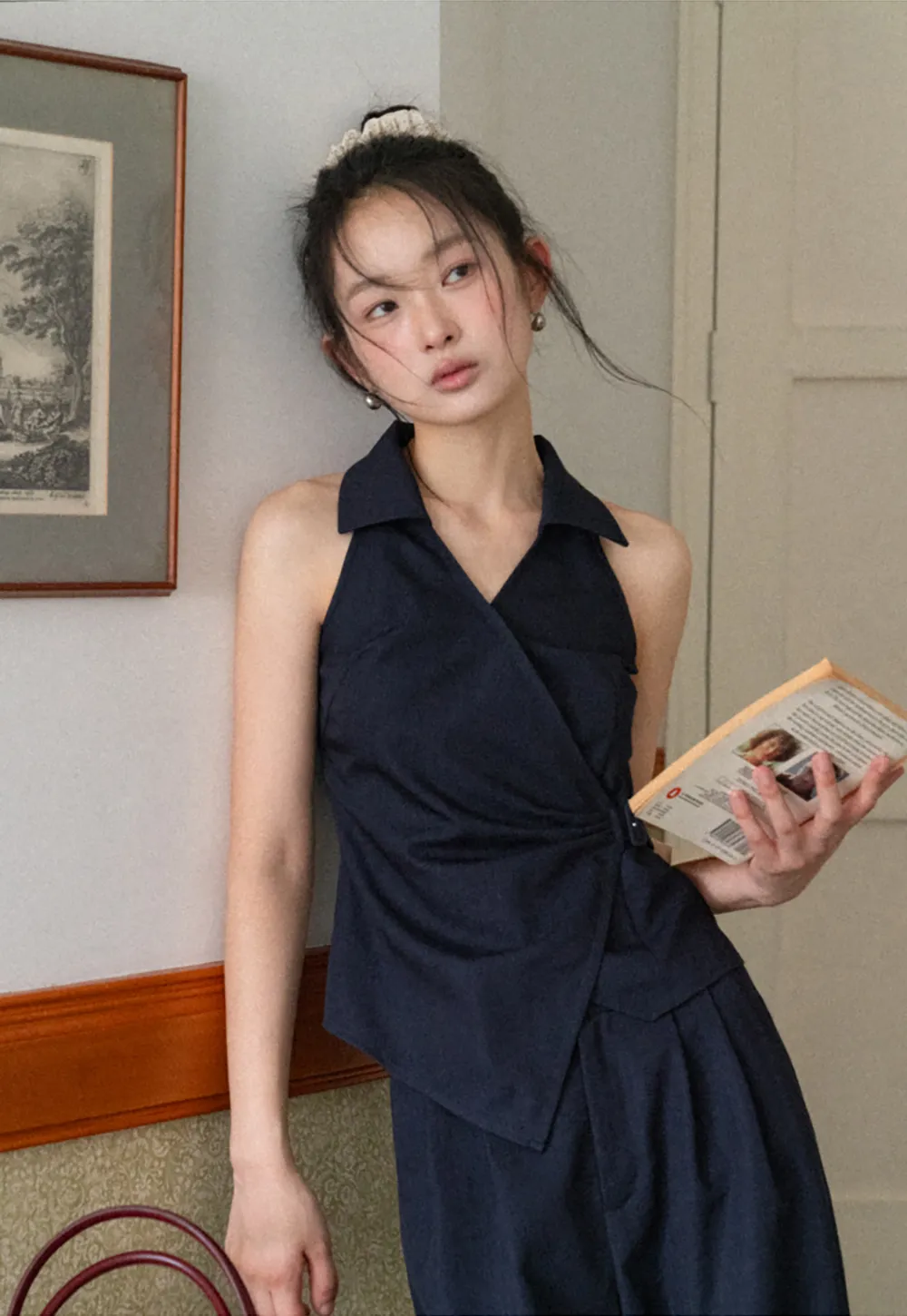 Sleeveless Collared Top with Wrap Detail and Wide Leg Pants