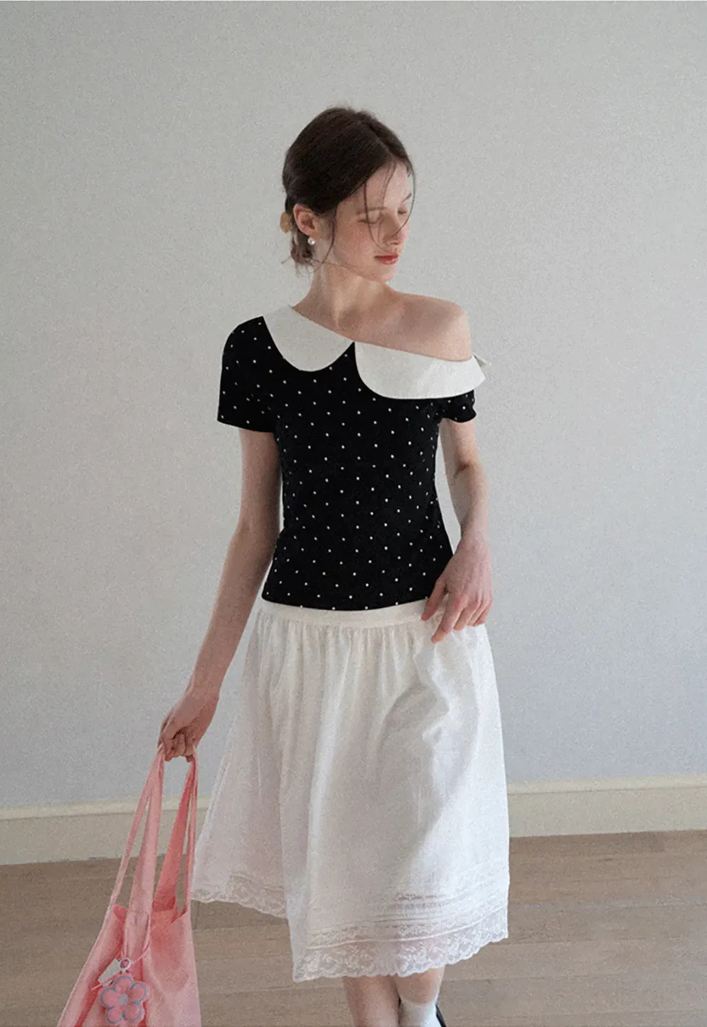 Polka dot short sleeve top with Peter Pan collar