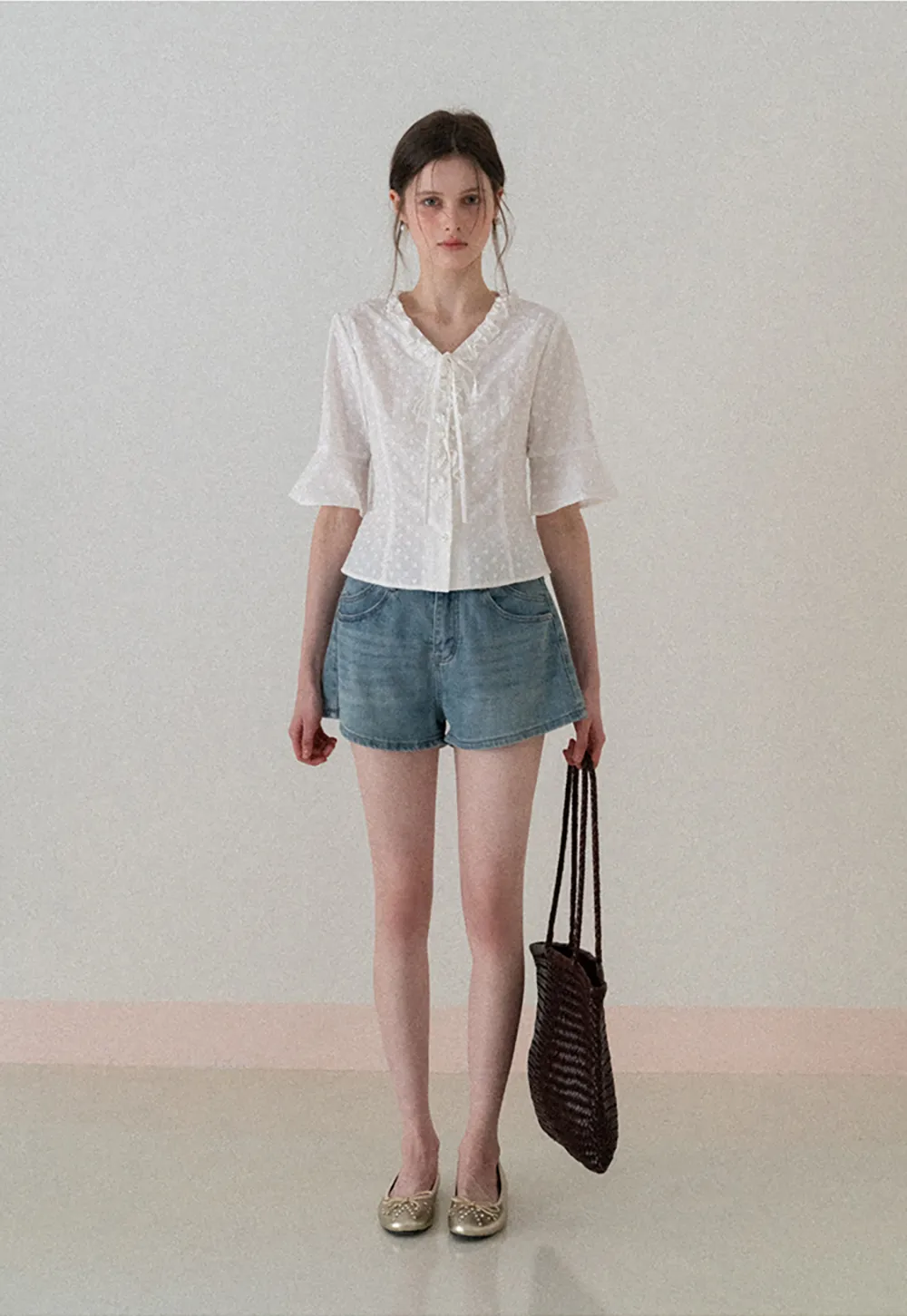 V neck blouse with lace trim and tie front