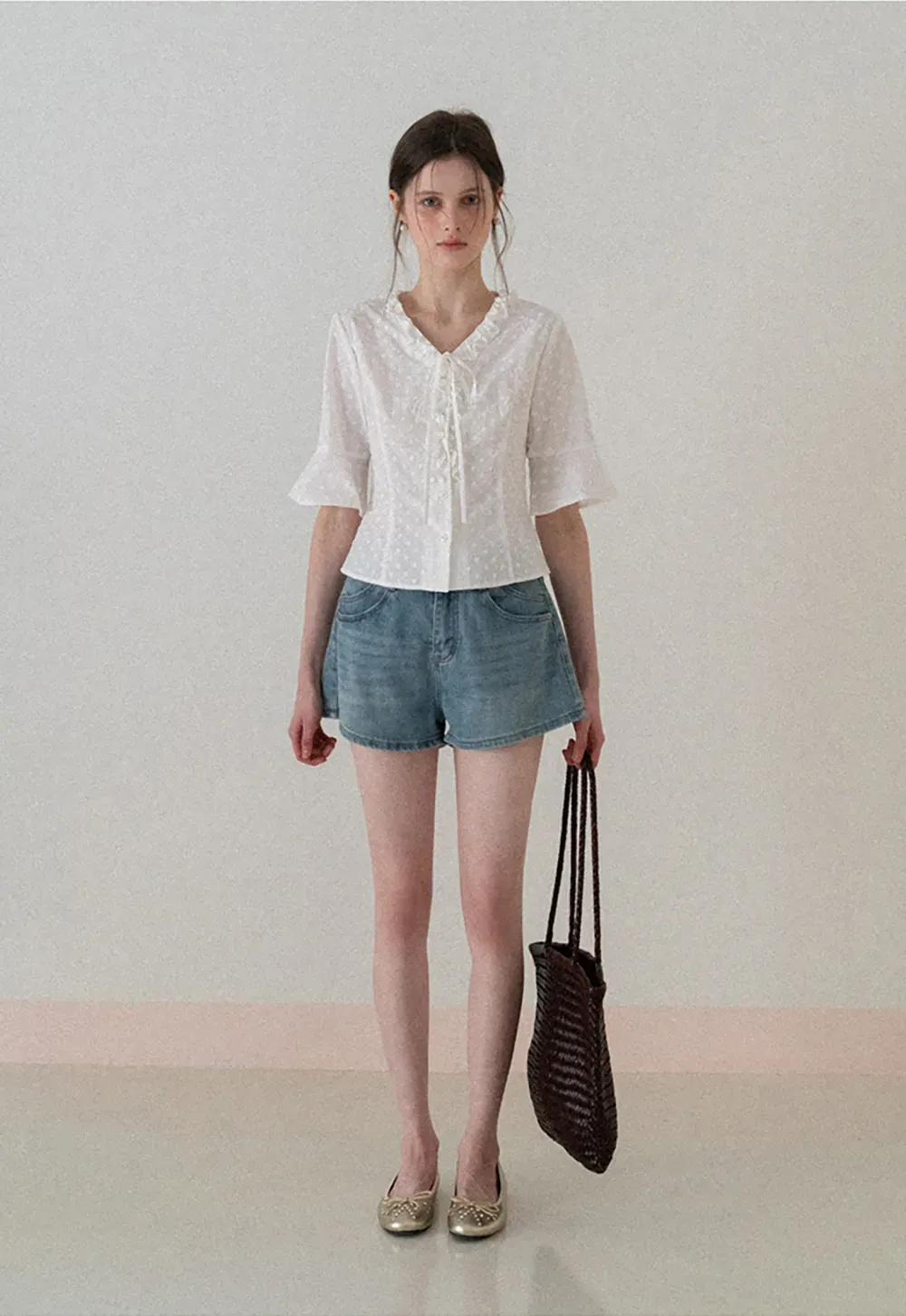 V neck blouse with lace trim and tie front