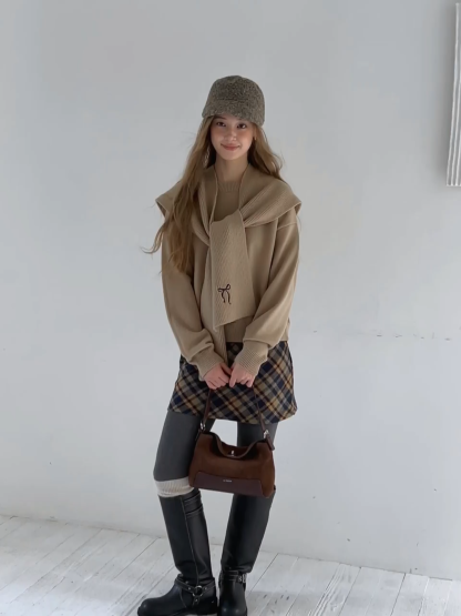 Women Faux Layered Sweater with Scarf Collar