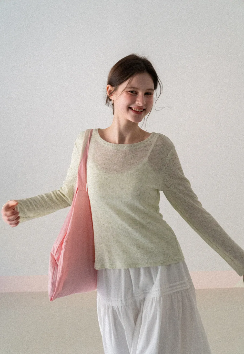 Long sleeve sheer knit top with round neckline