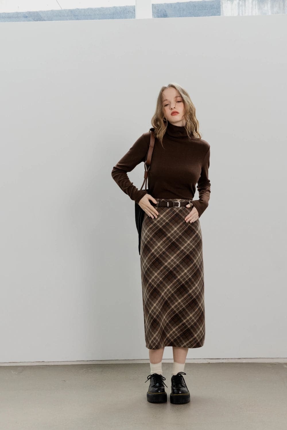 Classic Plaid Midi Skirt with Belted Waist