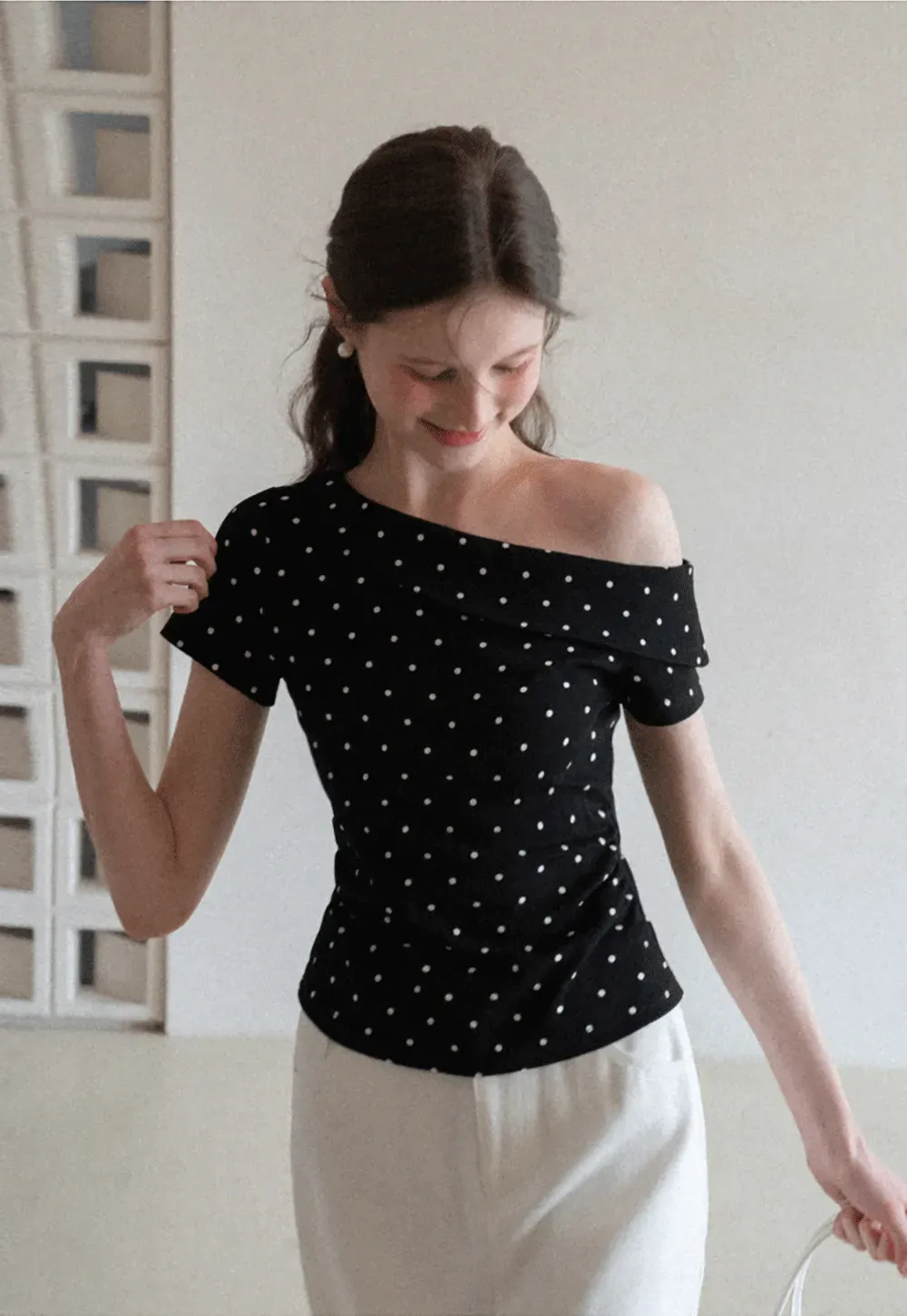 Polka dot off shoulder short sleeve tops