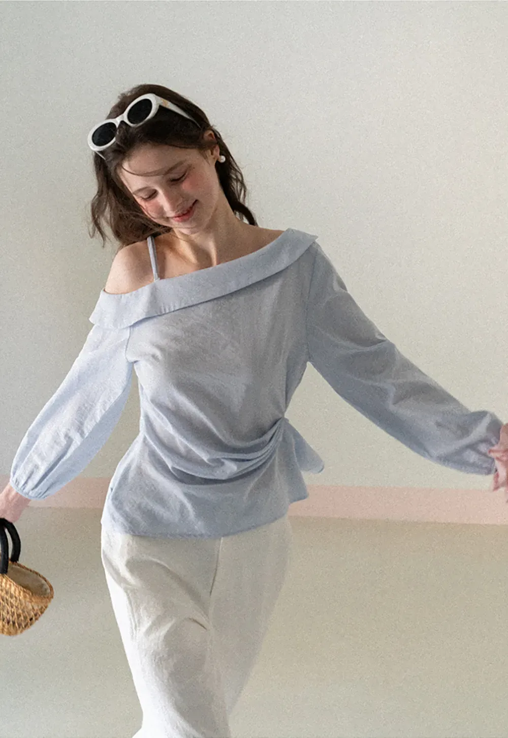 Off Shoulder Shirt with Ruched Sleeve Detail