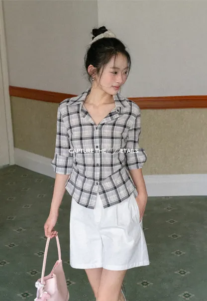 Plaid Shirt with Rolled Sleeves and Button Front