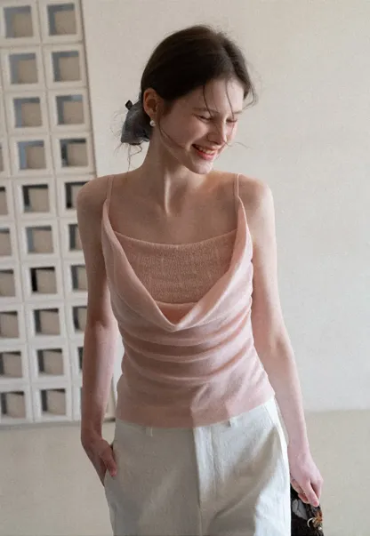 Silk-like tank top with thin straps and draped neckline
