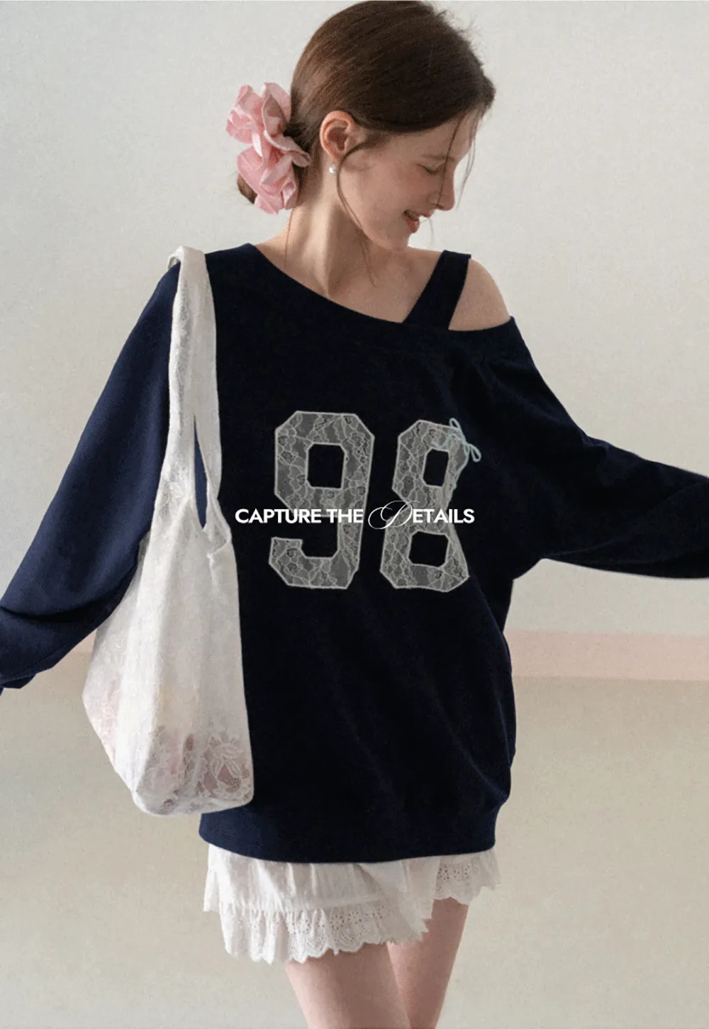 Off Shoulder Sweatshirt with Lace Number Print