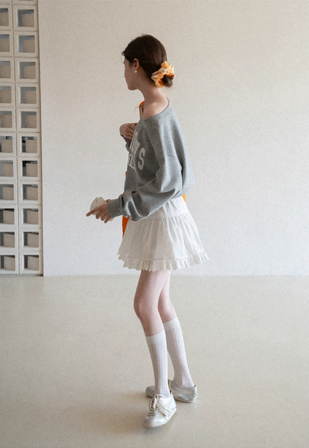 Gray Off Shoulder Sweatshirt with Bold Lettering and Year Print