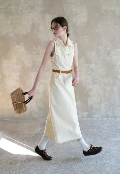 Sleeveless Collared Button Front Midi Dress