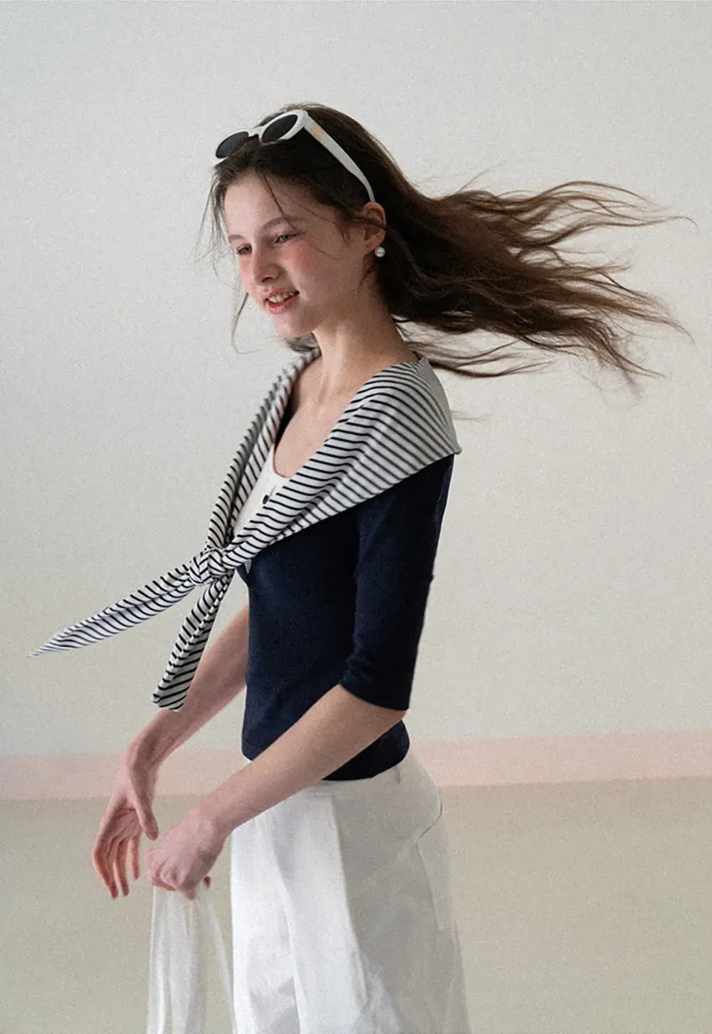 Striped collar tie front short sleeve top