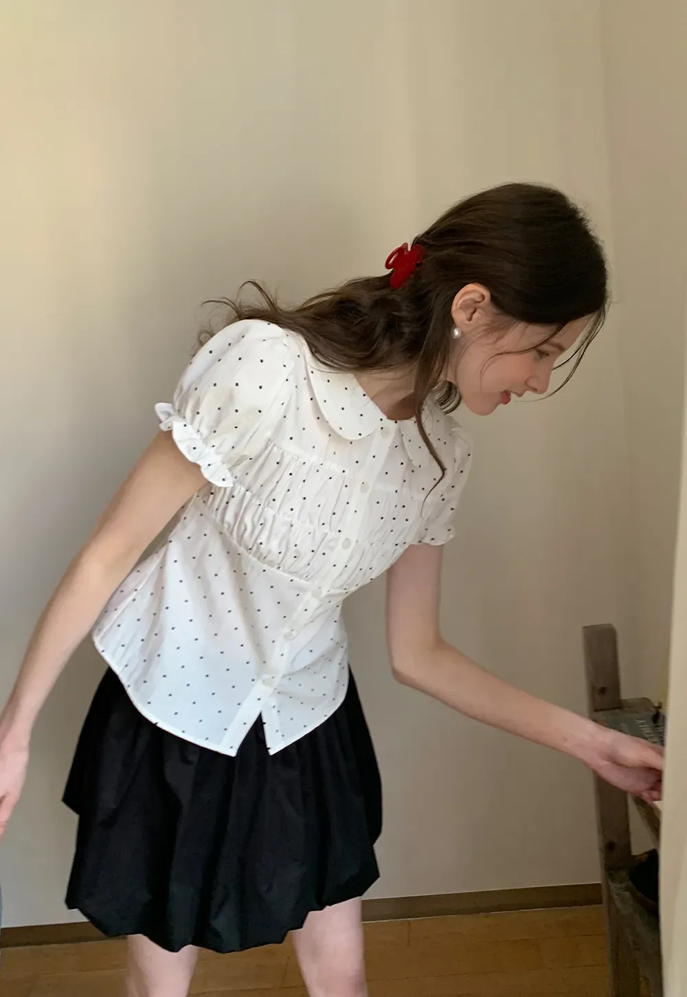 Polka dot shirt with ruffled sleeves and Peter Pan collar