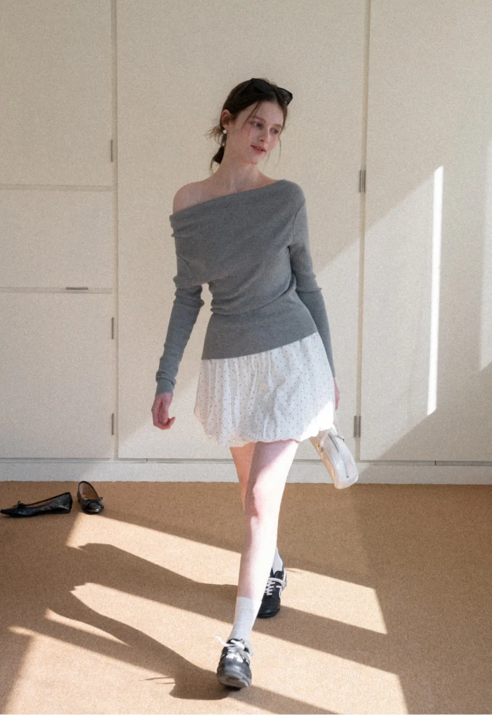 Polka dot pleated mini skirt with drawstring waist