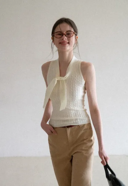 Knit Sleeveless Top with Front Bow Detail