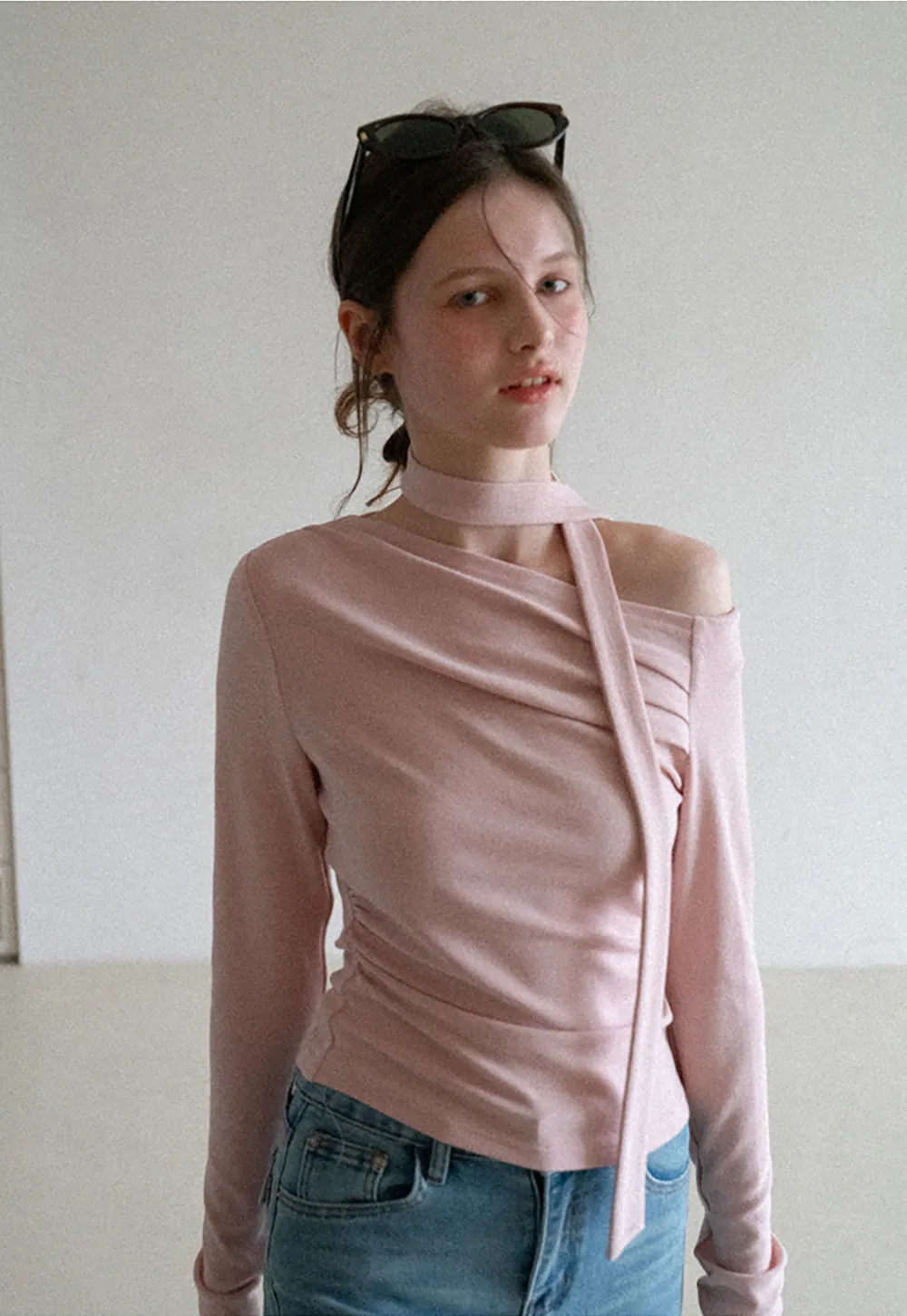 Long sleeve off shoulder top with neck tie detail