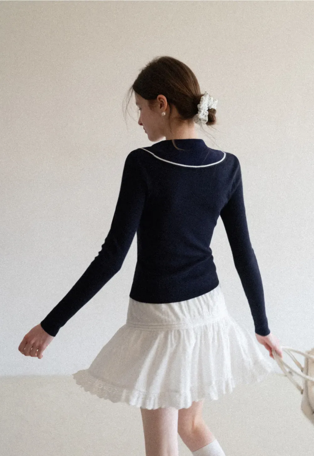 Knit Sweater with Collar and Tie Detail