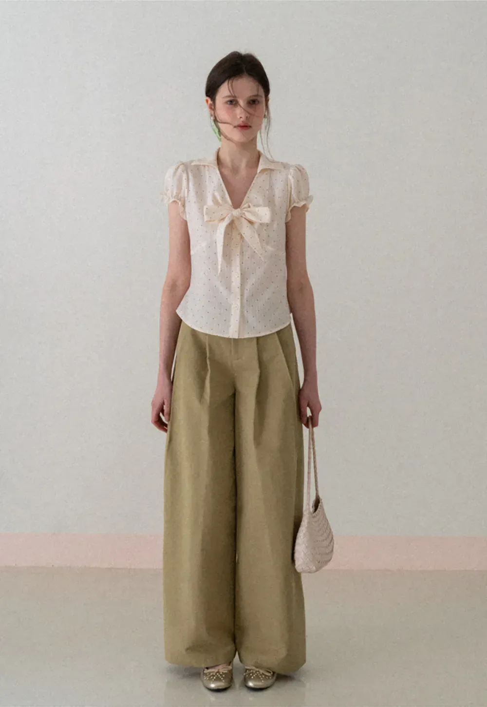 Short Sleeve Shirt with Bow Detail and Polka Dots