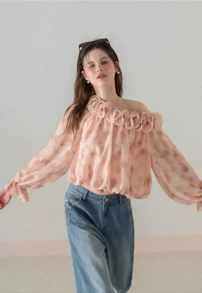 Off Shoulder Ruffled Lace Chiffon Blouse