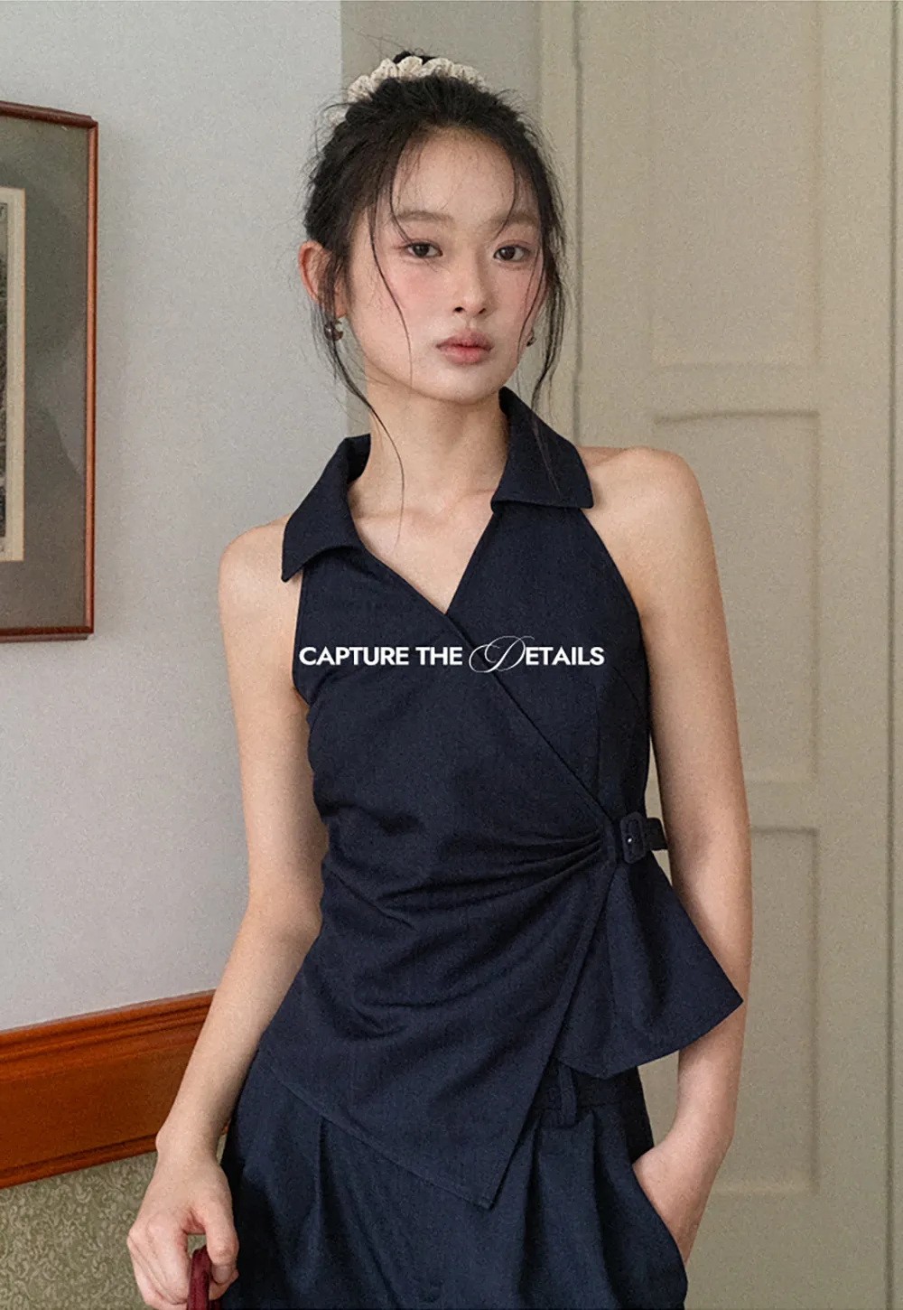 Sleeveless Collared Top with Wrap Detail and Wide Leg Pants