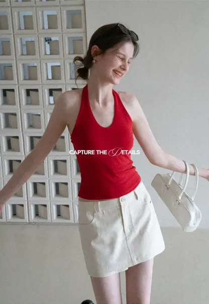 V neck halter tank top with fitted silhouette