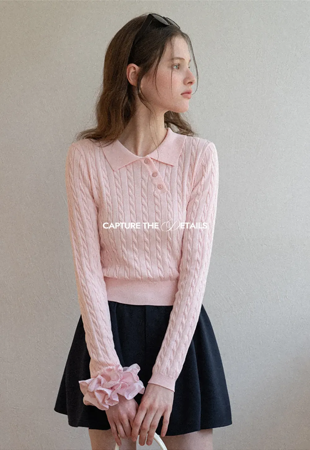 Cable Knit Long Sleeve Polo Neck Cropped Sweater