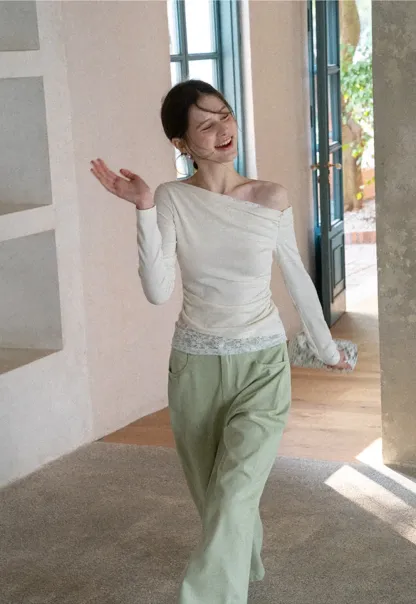 Off shoulder long sleeve top with lace trim