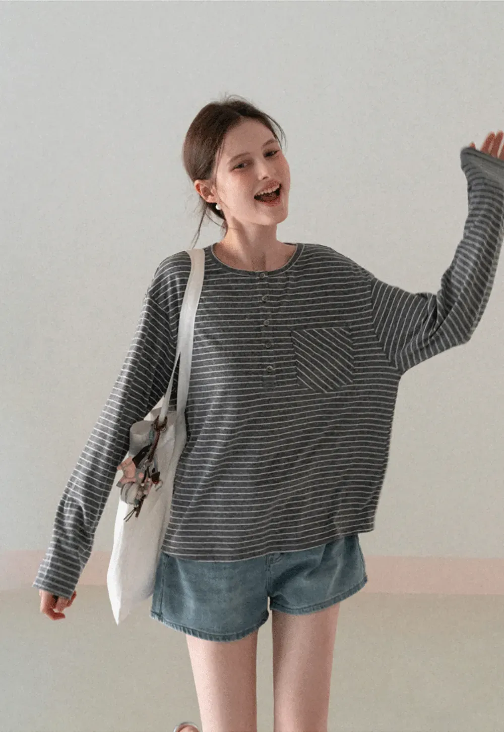 Long sleeve striped henley shirt with chest pocket