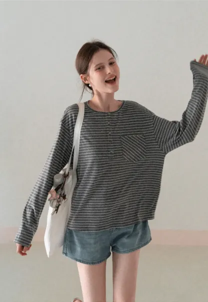 Long sleeve striped henley shirt with chest pocket