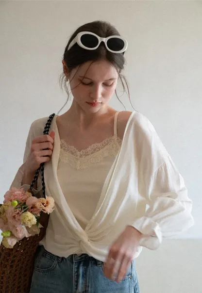 Lace Trimmed V Neck Long Sleeve Wrap Shirt