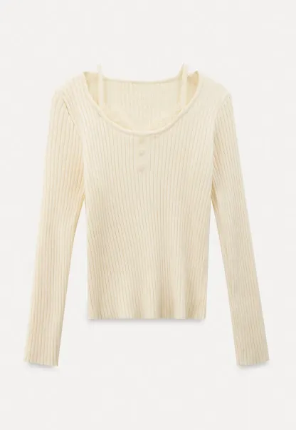 Ribbed knit sweater with boat neck and long sleeves
