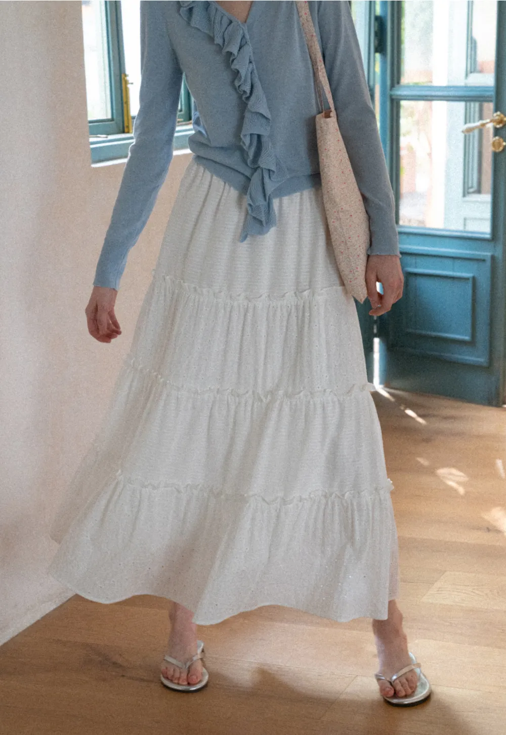 Tiered Ruffled Eyelet Maxi Skirt