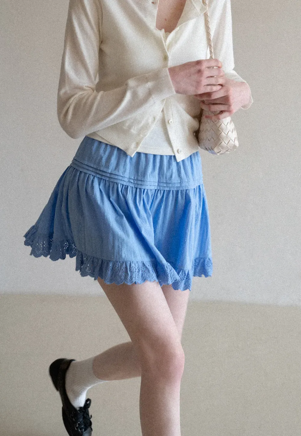 Eyelet Trimmed Tiered Skirt with Ruffled Hem