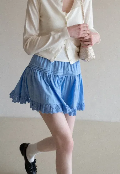 Eyelet Trimmed Tiered Skirt with Ruffled Hem