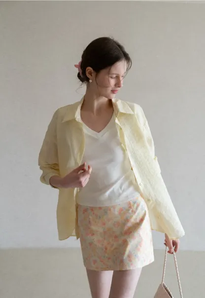 Lightweight Button Up Shirt with V Neck and Long Sleeves