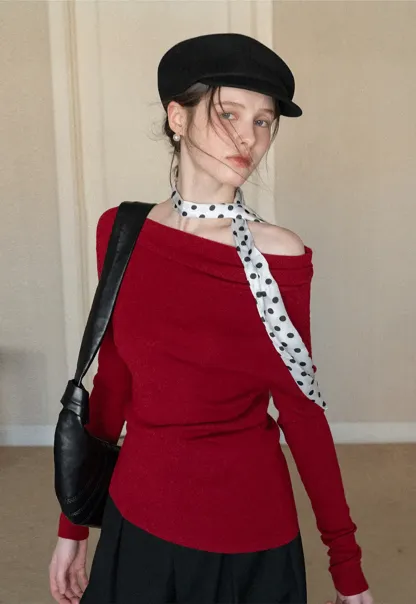 Elegant Off Shoulder Knit Top with Asymmetrical Design