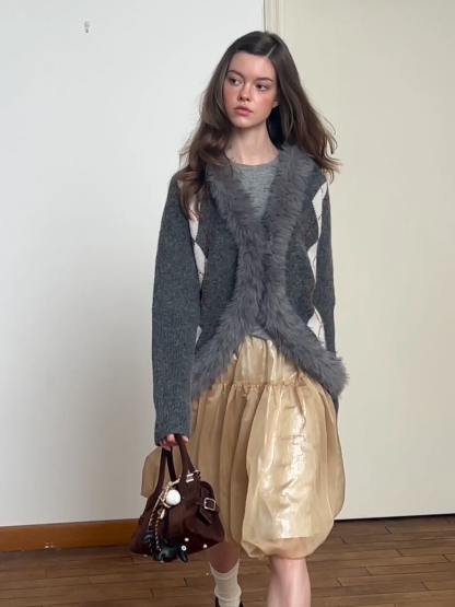 Patterned Sweater Cardigan with Fur Trim