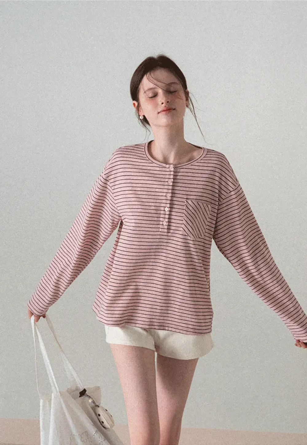 Long sleeve striped henley shirt with chest pocket