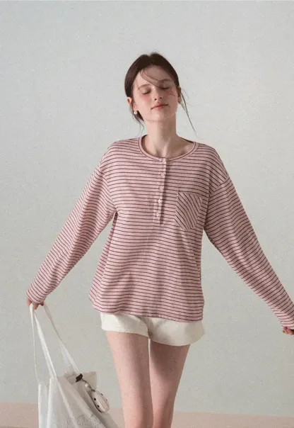 Long sleeve striped henley shirt with chest pocket