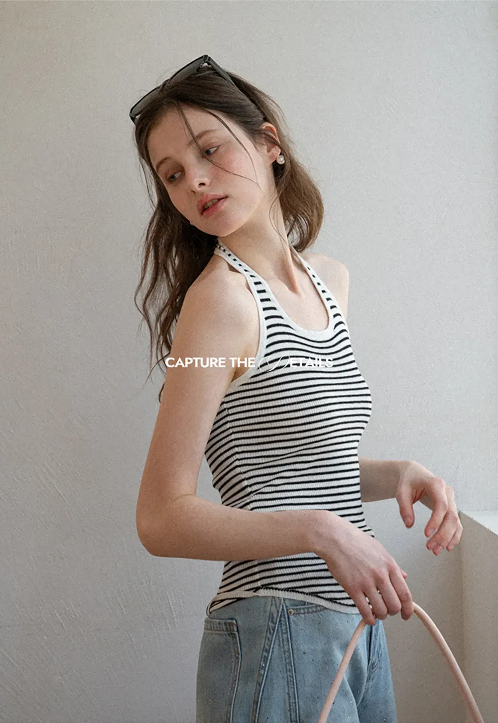 Off Shoulder Long Sleeve Knit Sweater with Striped Trim