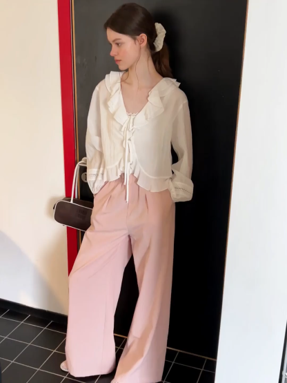 Ruffled Collar Lace Trim Drawstring Chiffon Blouse