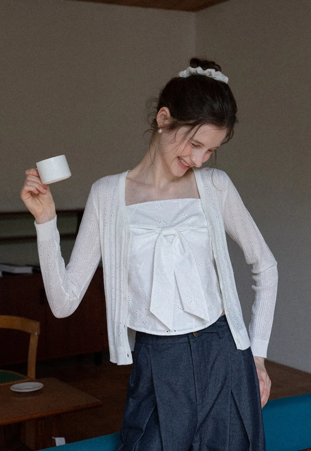 Pointelle Knit V-Neck Cardigan