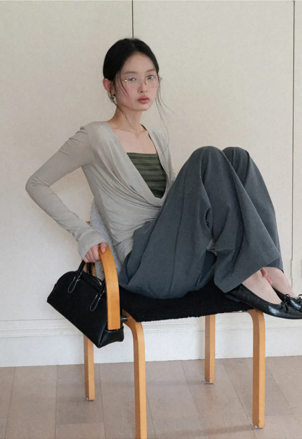 Long sleeve draped neckline top with square cutout