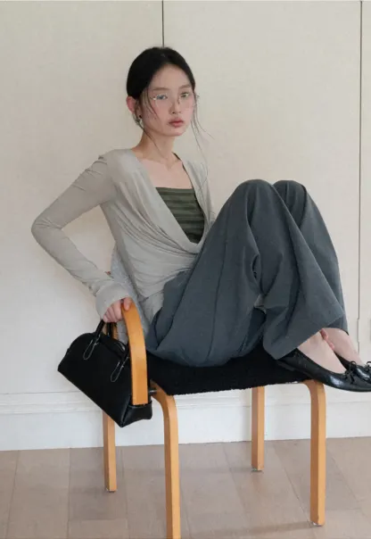 Long sleeve draped neckline top with square cutout