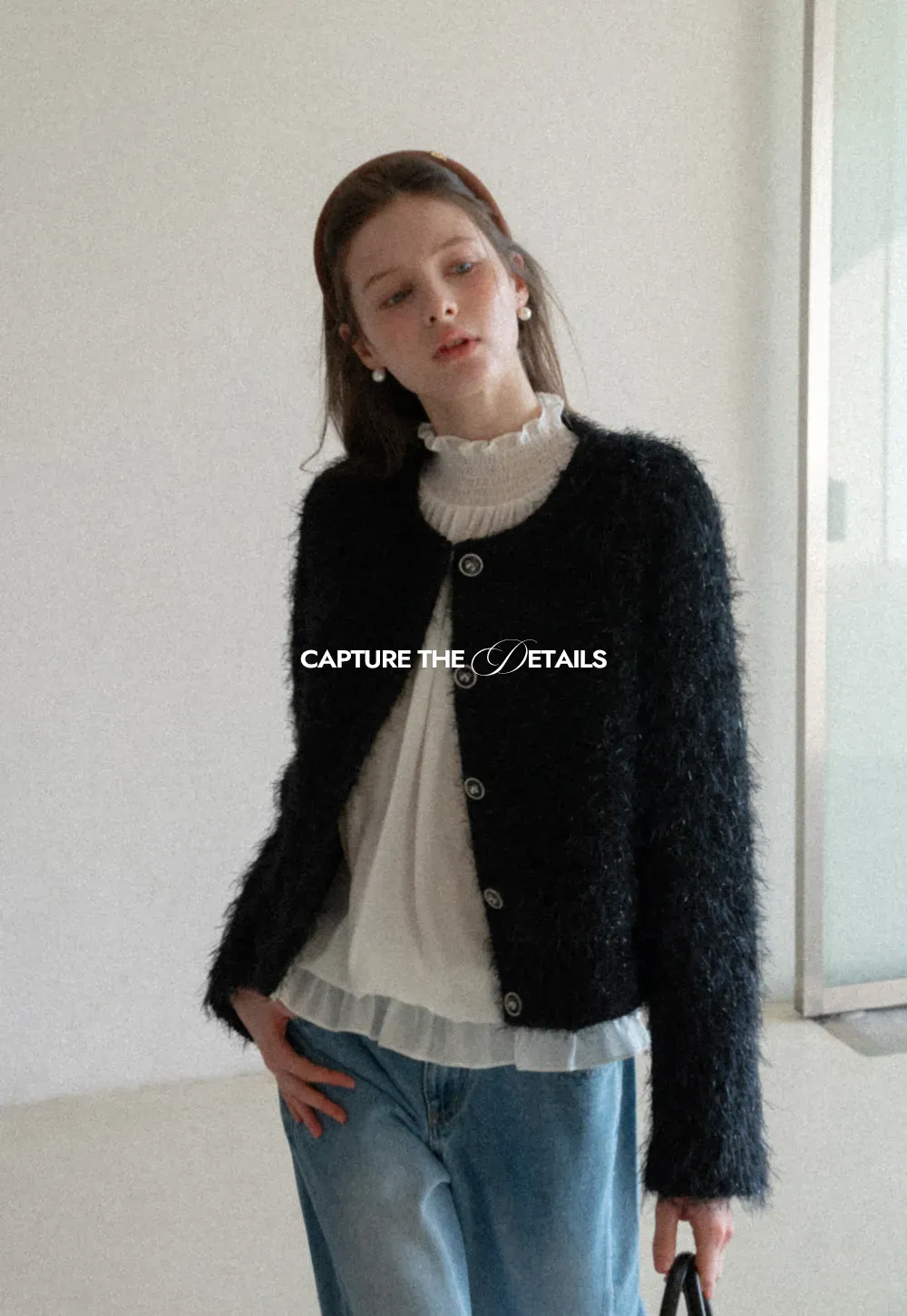 Fuzzy Knit Short Jacket with Button Detail