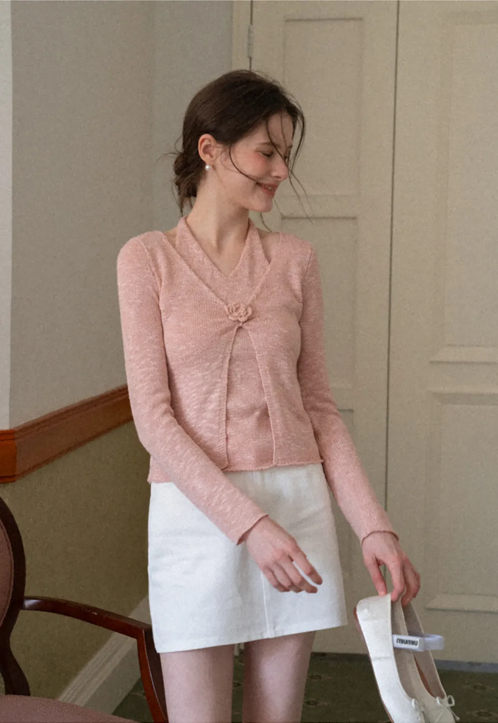 V Neck Knit Sweater with Floral Button Detail