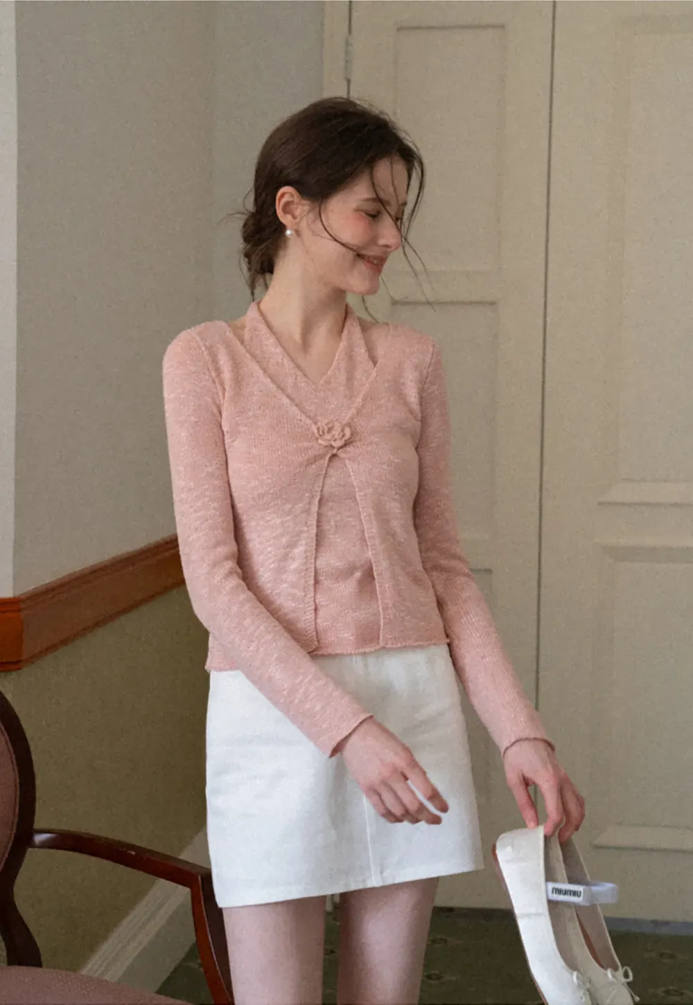 V Neck Knit Sweater with Floral Button Detail