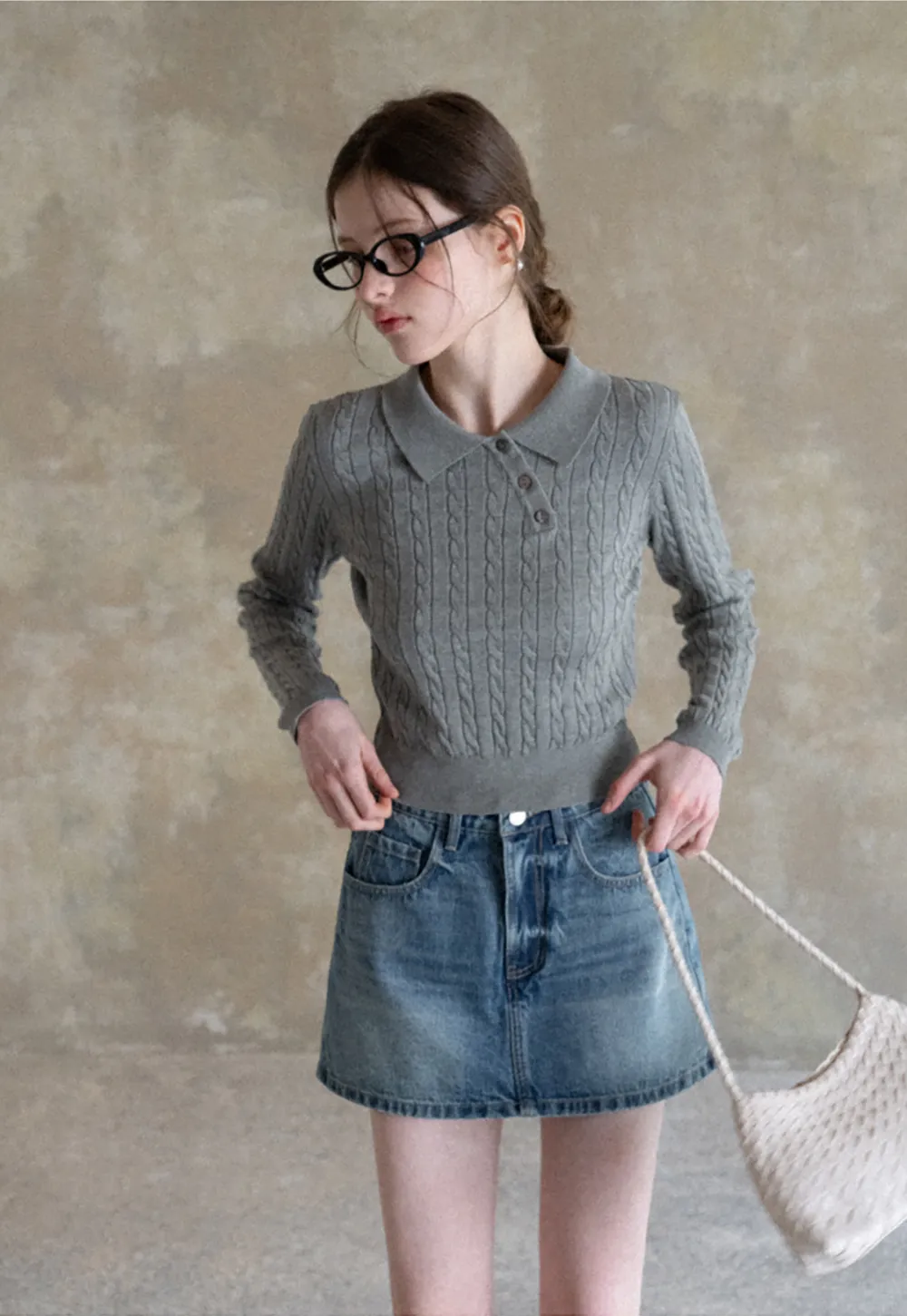 Cable Knit Long Sleeve Polo Neck Cropped Sweater