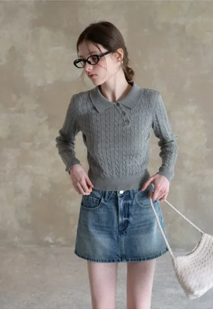 Cable Knit Long Sleeve Polo Neck Cropped Sweater