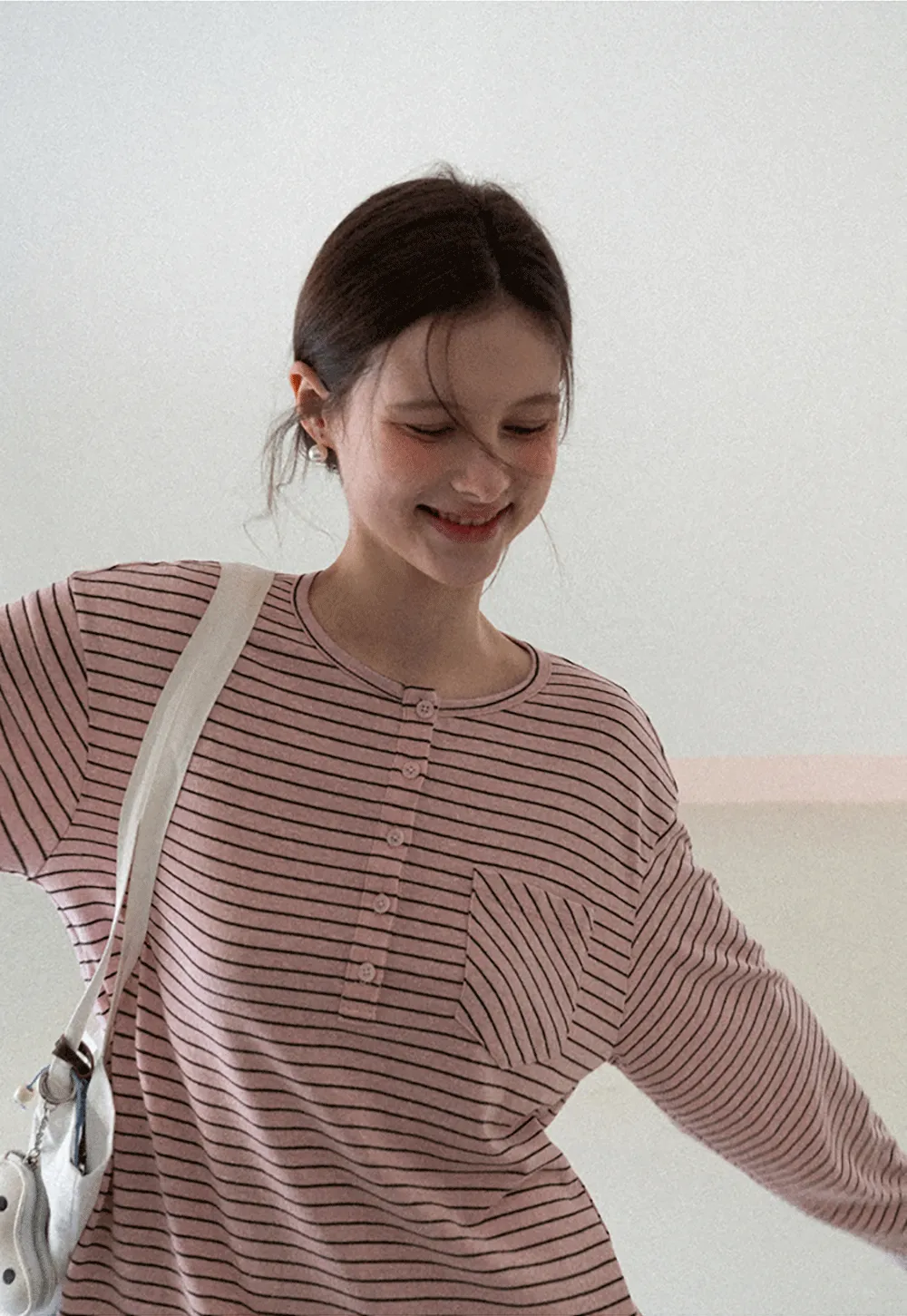 Long sleeve striped henley shirt with chest pocket