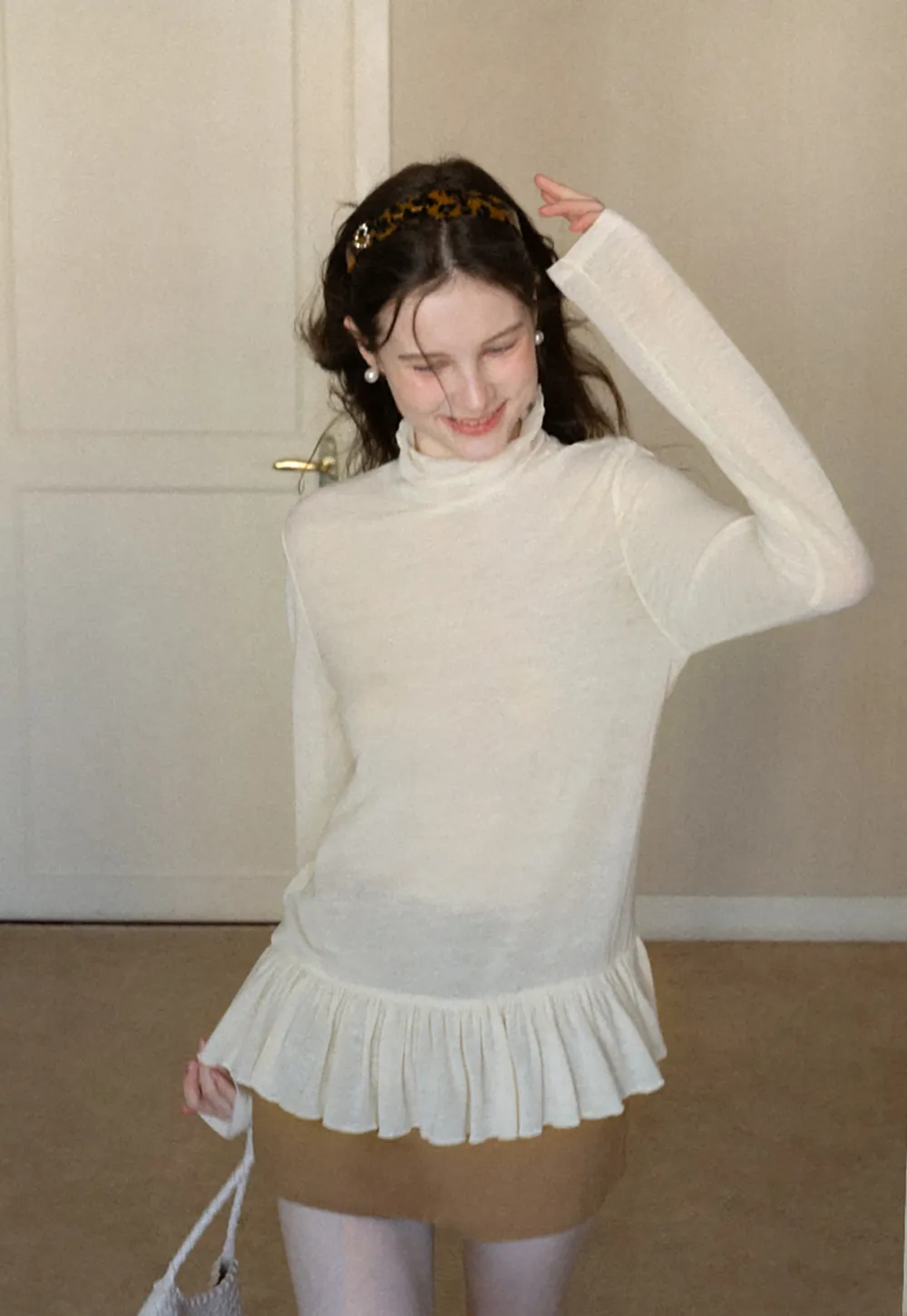 floral dot long sleeve top with ruffle hem